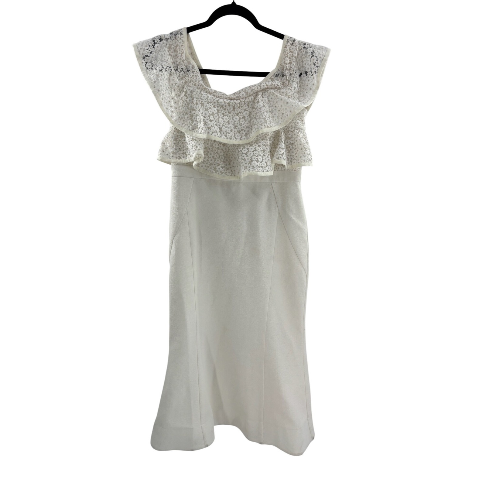 Nwt Rebecca Vallance Farina Flare Midi Dress White Lace Ruffle Neck Size 6
